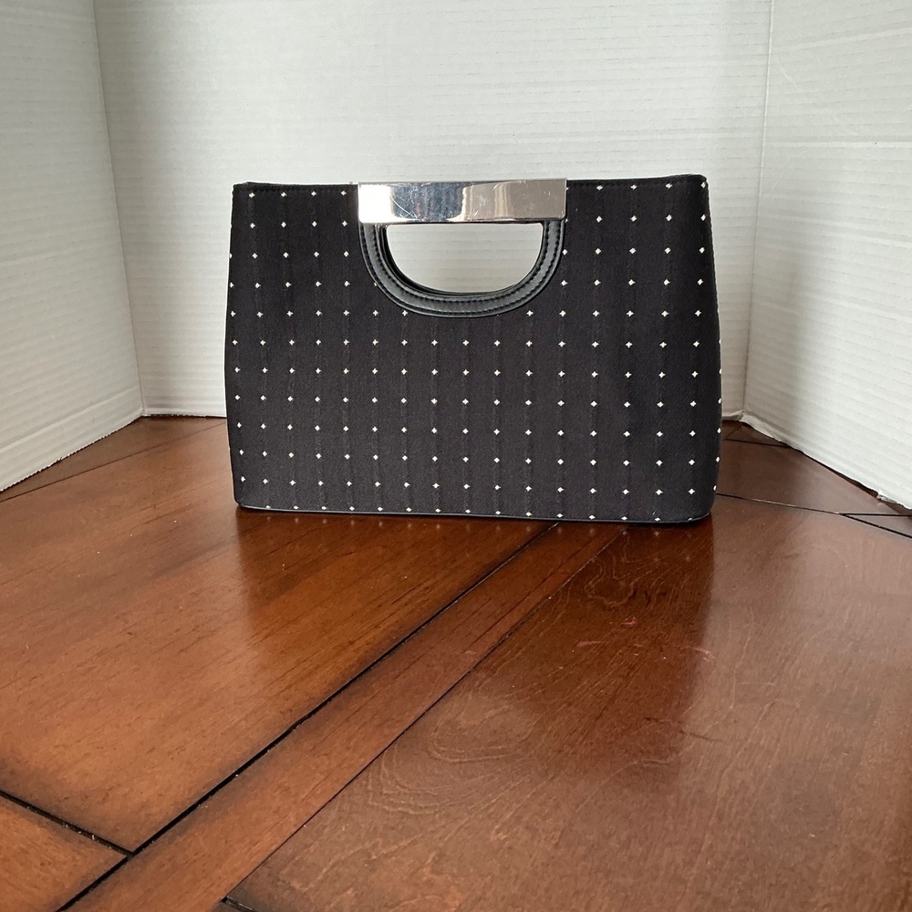 NWOT White House Black Market Black Pin Dot Handheld Clutch Silver Metal‎ Bar